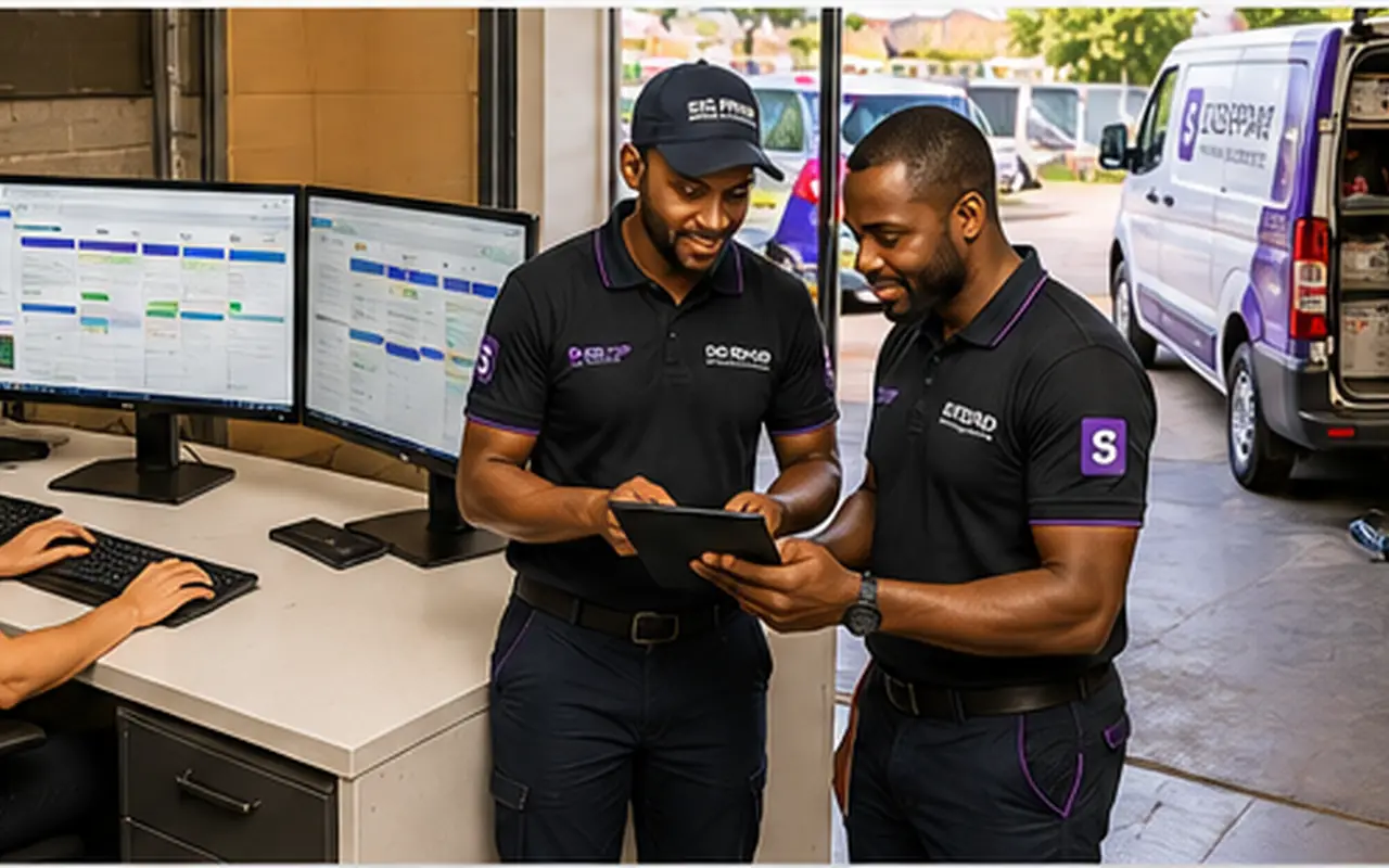 Electro Service dispatch team coordinating technicians through the digital operations platform while service vans are prepared